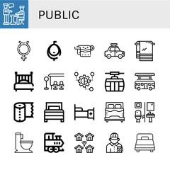 Set of public icons such as Presentation, Hermaphrodite, Urinal, Towel, Taxi, Bed, Bus stop, Grouping, Cable car, Bus, Paper towel, Restroom, Wc, Train, Wireless, Gas station attendant , public