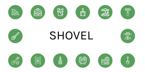 Set of shovel icons such as Bulldozer, Seed, Sand bucket, Shovel, Sandbox, Rake, Seeds, Weeder, Mine cart, Mining, Jackhammer , shovel