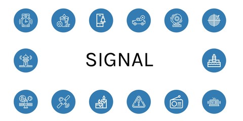 Set of signal icons such as Alarm, Candle, Bell, Forbidden, School bell, Radar, Satellite, Candles, Warning, Radio, Lighthouse , signal