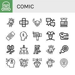 Set of comic icons such as Skull, Zombie, Patch, Speech bubble, Slimming belt, Thinking, Super, Buffoon, Carnivorous plant, Speech, Foxtrot, Superhero, Thought, Bubbles , comic