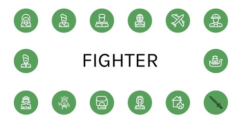 Set of fighter icons such as Karate, Judo, Military, Kendo, Airplane, Fireman, Muay thai, Wrestler, Boxing gloves, Boxer, House on fire, Katana, Wushu, Battleship , fighter