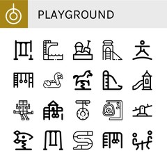 Set of playground icons such as Swing, Trampoline, Sandbox, Slide, Monkey bars, Inflatable, Spring swing horse, Toboggan, Playground, Seesaw, Spring swing rocket , playground