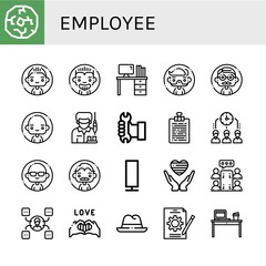 Set of employee icons such as Wheel, Man, Desk, Worker, Curriculum, Time management, Paper lamp, Pride, Meeting, Skill, Hat, Job , employee