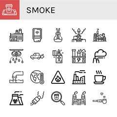 Set of smoke icons such as Coffee cup, Factory, Detector, Scent, Pollution, Sprinkler, Emission, Lighter, Global warming, Fire sign, Cup, Nuclear plant, Pipe of peace , smoke