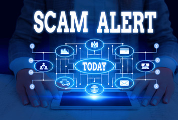 Writing note showing Scam Alert. Business concept for unsolicited email that claims the prospect of a bargain Woman wear formal work suit presenting presentation using smart device
