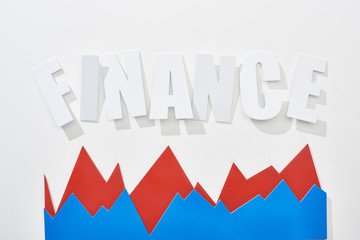 top view of finance inscription with red and blue statistic graphs on white background