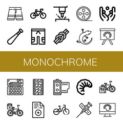 Set of monochrome icons such as Shorts, Baseball bat, Bicycle, Short, Laser, Knot, Film roll, Lizard, Juggling, Painting palette, Film strip, Prescription, Larva , monochrome