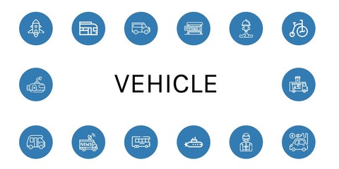 Set of vehicle icons such as Spaceship, Train, Van, Bus stop, Rocket, Tricycle, Truck, Submarine, Driver, Electric vehicle, Food truck , vehicle