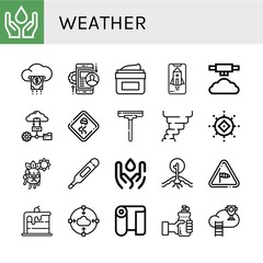 Set of weather icons such as Water, Cloud, Mobile app, Moisturizing, App, Mist, Slippery road, Wiper, Hurricane, Sun, Hot, Thermometer, Drought, Wind, Rainbow, Fabric , weather