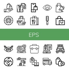 Set of eps icons such as Shopping bag, Wheel, Compressed file, Eye, Hair brush, Svg, Gas station, Bag, Typing, Prisoner transport vehicle, Police car , eps