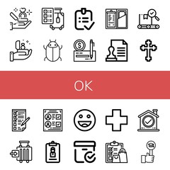 Set of ok icons such as Proposal, Check out, Tick, Done, Check, Stamp, Quality, Cross, Checking, Check in, Voting, Accreditation, Ok, Checked box, Like , ok