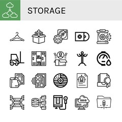 Set of storage icons such as Cloud computing, Hanger, Box, Hard disk, Cds, Database, Forklift, Locker, Coat rack, Water heater, Document, Documentation, Cd, Archive , storage