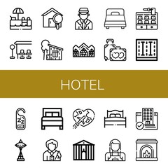 Set of hotel icons such as Swimming pool, Bus stop, House, Cottage, Chauffeur, Hotel de glace, Bed, Honeymoon, Hotel, Do not disturb, Space needle, Tour guide, Town hall ,