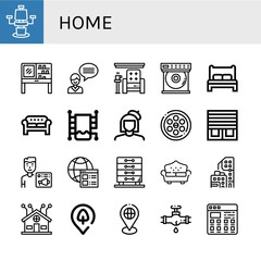 Set of home icons such as Chair, Dressing table, Contact us, Armchair, Dvd player, Bed, Sofa, Heated towel rail, Painter, Drainage, Blinds, News admin, Website, Drawers , home