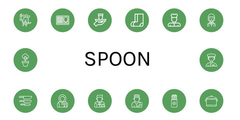 Set of spoon icons such as Eating, Meal, Serve, Valenki, Chef, Waiter, Knife, Lunchroom, Salty, Pot , spoon