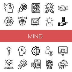 Set of mind icons such as Thinking, Brain, Thought, Psychology, Creative, AI, Brainstorming, Knowledge, Creativity, Artificial intelligence, Owl , mind