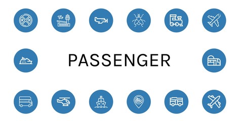 Set of passenger icons such as Railroad crossing, Airport, Small plane, Fly, Train, Plane, Bus, Helicopter, Ship, Airplane, Cruise, Subway , passenger