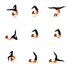 Scorpion variations yoga asanas set/ Illustration stylized woman practicing vrschikasana variations