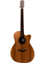 The guitar is made of real wood on a white background
