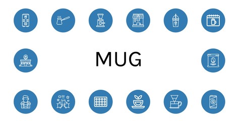 Set of mug icons such as Coffee machine, Cezve, Coffee grinder, Coffee maker, Smoothie, Oktoberfest, Barista, Beer, Beer box, Herbal tea, Dripper, Cold Donut shop , mug