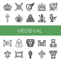 Set of medieval icons such as Crown, Mace, Spear, Rpg game, Paganism, Castle, Sword, Medieval, Treasure map, Fleur de lis, Executioner, Rune, Armour, Torch, Fortress , medieval