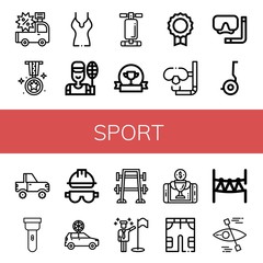 Set of sport icons such as Car, Medal, Shirt, Badminton, Abdominal bench, Award, Dive, Diving mask, Segway, Jeep, Torch, Helmet, Bench press, Goals, Reward, Shorts, Rope park , sport
