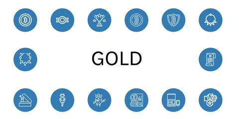 Set of gold icons such as Bitcoin, Medal, Trophy, Necklace, Wedding ring, Irish, Pirate, Nuggets , gold