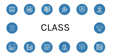 Set of class icons such as Presentation, Learning, Online library, Drawing board, Class, Teacher, Online learning, Blackboard, Tutorial, Student, Professor , class