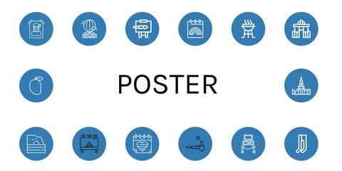 Set of poster icons such as Wanted, Hot air balloon, Easel, World pride day, Charcoal grill, Rua augusta, Algarve, Billboard, Pipe of peace, Exhibition, Leotard, Mango , poster