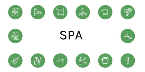 Set of spa icons such as Wax, Bathtub, Beach towel, Swans, Towel hanger, Aromatic, Essential oil, Makeup, Leech, Acupuncture, Mask, Hair brush, Hot tub, Massage , spa