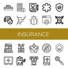 Set of insurance icons such as Flood, Car on fire, Investment, Hurricane, Dental insurance, Antivirus, Medicine symbol, Shield, System, Safe, Life jacket, Medical report , insurance