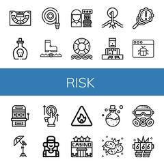 Set of risk icons such as Baccarat, Poison, Fire hose, Trap, Review, Life saver, Drought, Croupier, Error, Malware, Slot machine, Reflector, Bet, Climber, Fire sign, Casino , risk