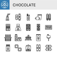 Set of chocolate icons such as Cheesecake, Dessert, Chocolate, Toffee, Croissant, Liquorice, Pancake, Candy, Vending machine, Donut, Chocolate box, Cake, Cream, Ice cream shop ,