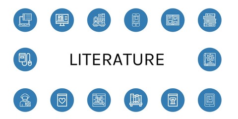 Set of literature icons such as Ebook, Online library, Bookshelf, History, Books, Poet, Romantic novel, History book, Manual book , literature