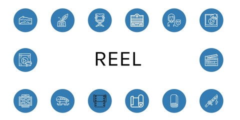 Set of reel icons such as Hollywood, Inkwell, Director chair, Cinema, Actor, Video, Fishing baits, Film, Paper roll, Roll, Fishing rod, Clapperboard , reel