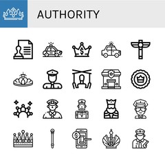 Set of authority icons such as Crown, Stamp, Police car, Scepter, Policeman, Puppet, Police station, Cop, King, Sceptre, Auction , authority