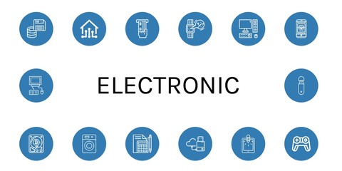 Set of electronic icons such as Floppy disk, Smart house, Atm, Smartwatch, Computer, Phone, Hard disk, Washing machine, Calculator, Flash drive, Tablet, Gamepad, Usb , electronic