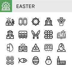 Set of easter icons such as Bible, Easter, Cracknels, Crown of thorns, Moai, Flower, Jesus, Eggs, Rabbit, Chocolate egg, God, Egg, Christianity, Easter egg, Wicker basket ,