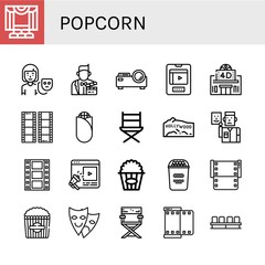 Set of popcorn icons such as Theater, Actor, Projector, Entertainment, Movie theater, Film, Corn, Directors chair, Hollywood, Popcorn, Director chair, Movie , popcorn