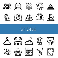 Fototapeta na wymiar Set of stone icons such as Catapult, Widow, Grave, Spa, Fountain, Loose gravel, Diamond, Bridge, Pyramid, Moai, Mammoth, Temple, Pyramids, Tiles, Crystal, Pendant, Saber toothed tiger , stone