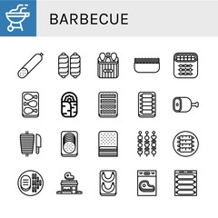 Set of barbecue icons such as Bbq, Smoked sausage, Sausage, Chicken leg, Minced meat, Shish kebab, Burrito, Bacon, Ribs, Ham, Shawarma, Steak, Butcher shop , barbecue