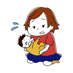 泣いている赤ちゃんを抱っこする女の子