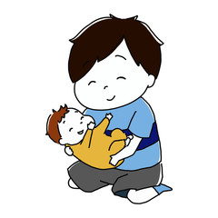 笑っている赤ちゃんを抱っこする男の子