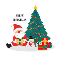 Merry Christmas greeting card with Santa Claus, snowman and tree.