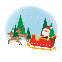 Santa Claus in sleigh with gifts and reindeer. 