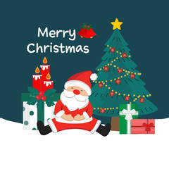 Fototapeta na wymiar Merry Christmas greeting card with Santa Claus, snowman and tree.