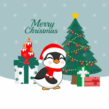 Merry Christmas card. Cute Penguin wearing Santa Claus hat