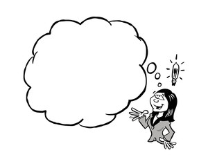 Asian woman with an empty idea cloud - BW