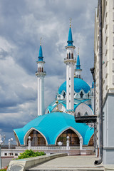 Fototapeta na wymiar Kul Sharif mosque in Kazan Kremlin. Beautiful white mosque with blue domes. Historical, cultural, religious and tourist attraction of Russia.