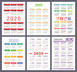 Calendar 2020 year. Vector template collection. Colorful English pocket calender set. Week starts on Sunday